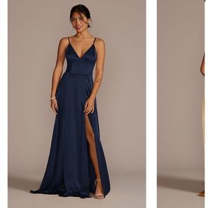 Marine charmeuse deep v-neck a-line bridesmaid dress from David’s bridal